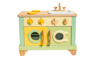 Wooden toy kitchen with oven and sink isolated on transparent background