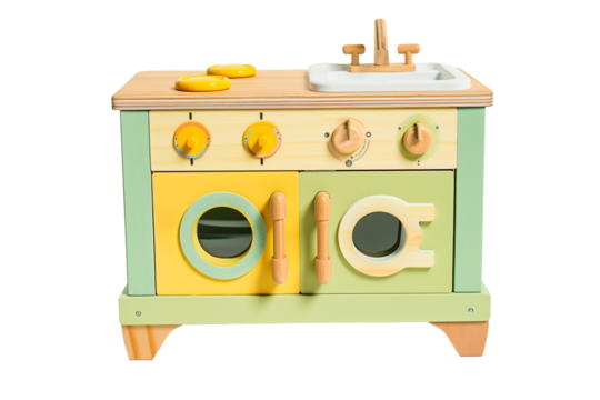 Wooden toy kitchen with oven and sink isolated on transparent background