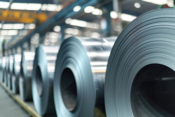 Galvanized steel rolls in industrial warehouse
