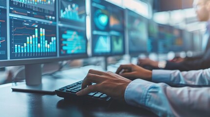 Office specialist expertly manages desktop computer in a technologically advanced control room with digital screens