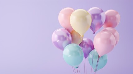 A group of helium balloons in pastel colors, gently swaying in front of a soft lavender background, perfect for a celebration