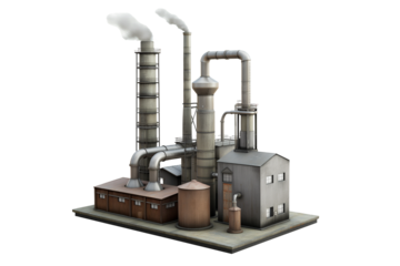 Factory with chimneys billowing in the air isolated on a transparent background