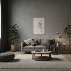 illustration a minimalist living room. A blank picture frame hangs on the wall above the sofa, ready for customization. Dark tones.