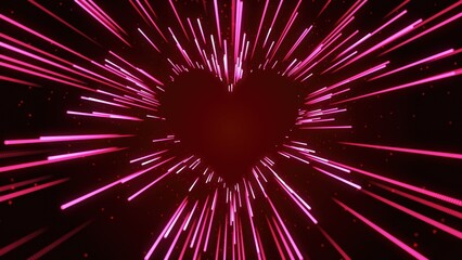 Glowing Abstract Background with pink color Rays Valentine Heart Neon lines zoom