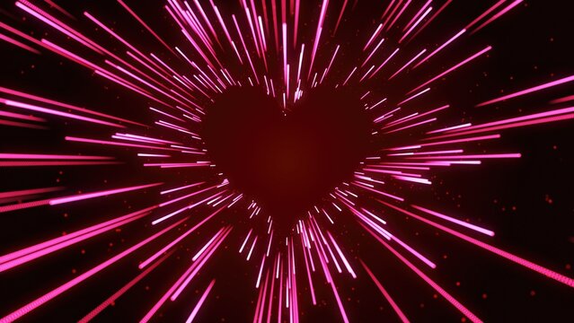 Glowing Abstract Background with pink color Rays Valentine Heart Neon lines zoom