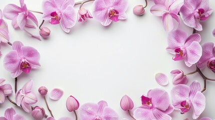 Cresent flowers as frame on white backrgound, copy space. Mother's Day fashionable layout. Women Day. Beautiful flower background