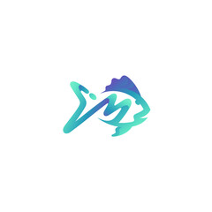 Marine life logo with fish design template, letter M logo design