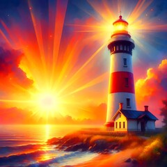 Painting of a lighthouse on a rocky beach with the sun setting.