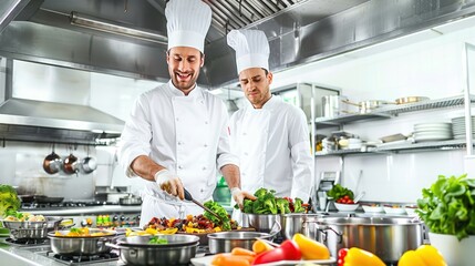 Prominent chef oversees operations in vast restaurant kitchen, assisted by staff. Array of food, vegetables, and boiling dishes.