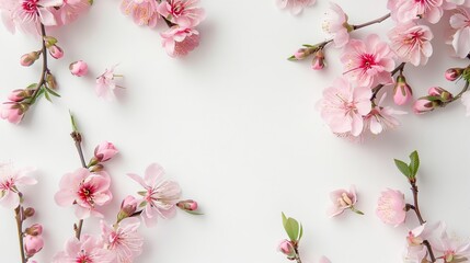 Cresent flowers as frame on white backrgound, copy space. Mother's Day fashionable layout. Women Day. Beautiful flower background