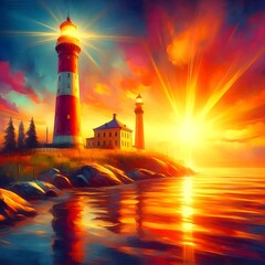 Painting of a lighthouse on a rocky shore with a bright sun.