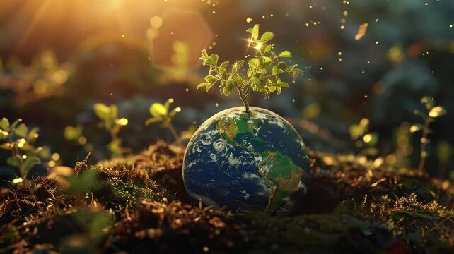 Planet earth on the ground, nature background, world nature conservation day and environment day concept.