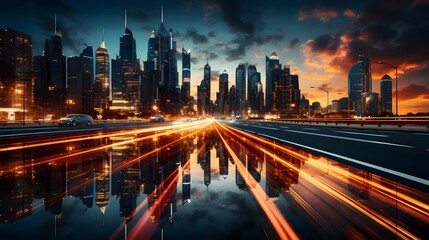 Obraz premium Light flow of traffic on a evening highway in a city 