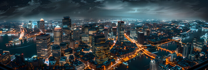 Glistening Urban Nightlife under the Charcoal Sky: A Panoramic Night View of Boston City 
