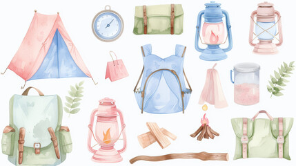 A set of watercolor illustrations of camping gear, including a backpack, tent, outdoor activities concept