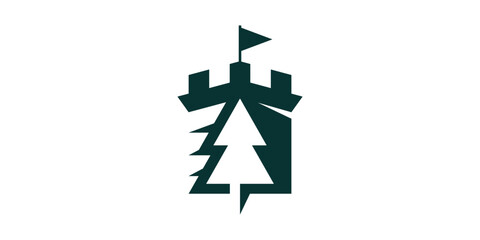 castle and pine tree logo design, logo design icon, symbol, vector, creative idea.