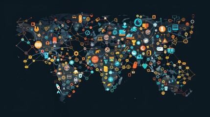 Fototapeta premium Global trade network concept, world map with interconnected abstract icons