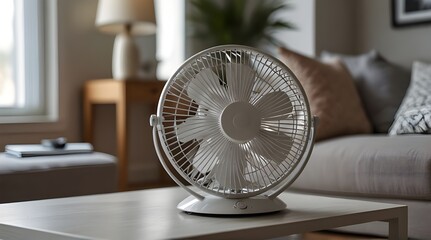 Modern electric portable fan on a white coffee table.generative.ai