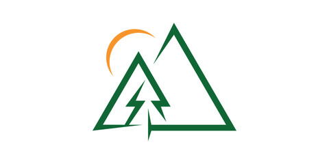 mountain and pine logo design, scenery, forest, nature, logo design icon, symbol, vector, creative idea.