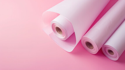 creative stationery setup with white paper rolls on pink backdrop, with copy space for text