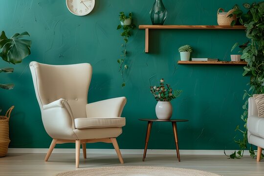Beige lounge chair near sofa against green wall with wooden shelf. Scandinavian interior design of modern living room.