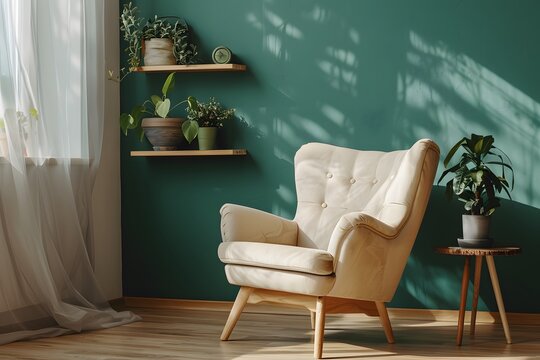 Beige lounge chair near sofa against green wall with wooden shelf. Scandinavian interior design of modern living room.