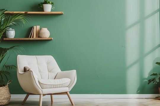 Beige lounge chair near sofa against green wall with wooden shelf. Scandinavian interior design of modern living room.