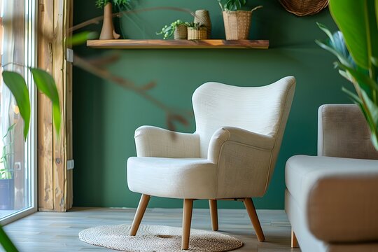 Beige lounge chair near sofa against green wall with wooden shelf. Scandinavian interior design of modern living room.