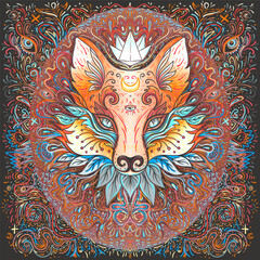 Cute fox or cat face over psychedelic ornate pattern. Character tattoo design for pet lovers, artwork for print, textiles. Detailed vector illustration. Totem animal.