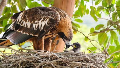 Eagle feeding its baby chick in a nest, showcasing a tender moment of care and nurturing in the wild	