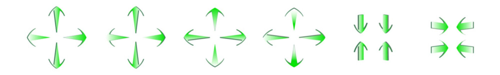 arrows 3d green icon set. arrow sign three-dimensional shape with left, righ, up, and down direction. with thin curved wing isolated on white background. some pointed tail. gradient style.