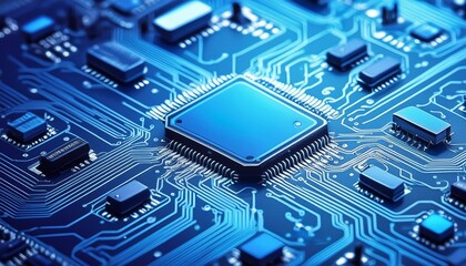Fototapeta premium Abstract blue circuit board, computer data science, technology background.