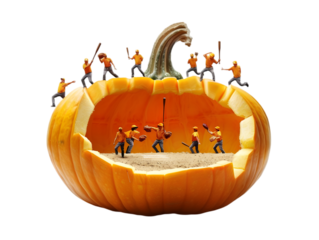 Modern surrealism pumpkin baseball stadium, people playing baseball in it isolated on a transparent background cut out. 