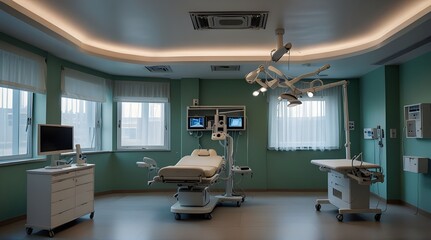 pseudo 360 Hospital interior design with operating table and lamp.generative.ai