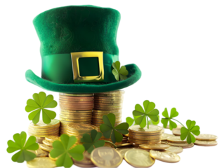 A leprechaun hat, gold coins and clover leaves isolated on a transparent background cut out. 