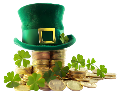 A leprechaun hat, gold coins and clover leaves isolated on a transparent background cut out. 