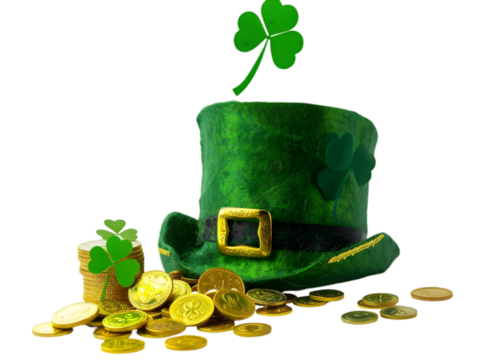 A leprechaun hat, gold coins and clover leaves isolated on a transparent background cut out. 