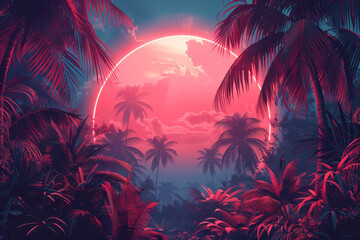 A tropical forest with a glowing red sun in the center. The sun is surrounded by palm trees and the sky is cloudy