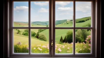 Beautiful spring landscape with meadow and flowers on the windowsill