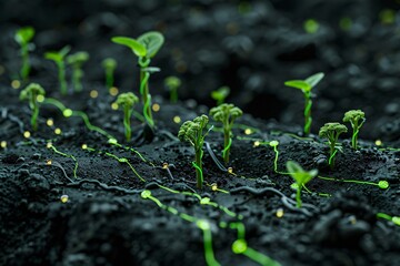 Close-up of young green seedlings sprouting from dark soil, symbolizing new life, growth, and the beginning of a fresh agricultural cycle.