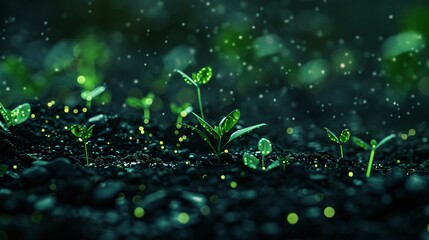 Close-up of young green seedlings sprouting from the soil with water droplets and bokeh background, symbolizing growth and new life.