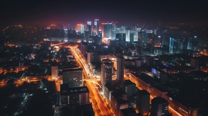 Aerial view of modern city at night, Shanghai, China.