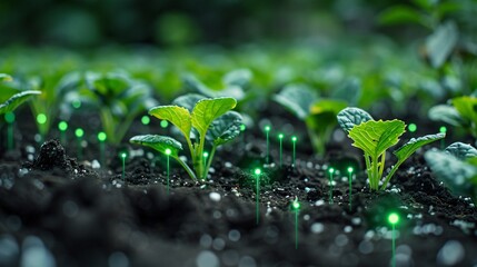 Close-up of young plant seedlings growing in soil, illuminated with glowing green lights, representing technology in agriculture.