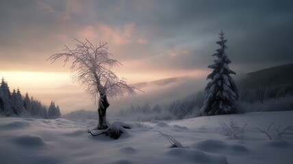 Winter landscape with trees covered with snow and foggy sky at sunset