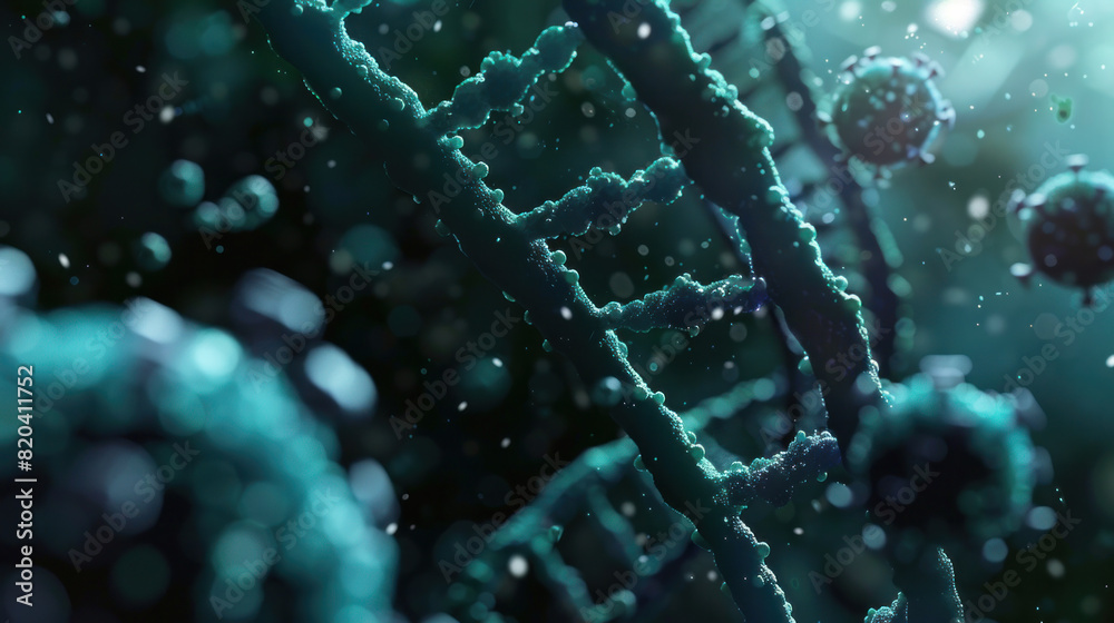Poster a close up of a dna strand with a few other strands of dna in the background. the image has a moody 