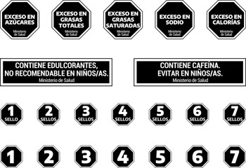 Nutrition warning stamps. Octagons. Excess sugars, total fats, saturated fats, sodium, calories, sweeteners, caffeine.