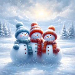 A group of snowmen standing in the snow with a sunset in the background.