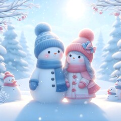 Painting of beautiful two snowmen that are standing in the snow.