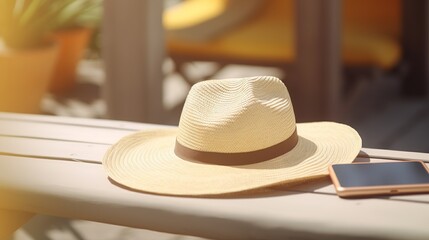 Straw hat and mobile phone on the deck of a swimming pool