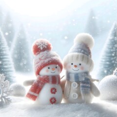 Beautiful of Two snowmen with hats and scarves are standing in a snowy forest.